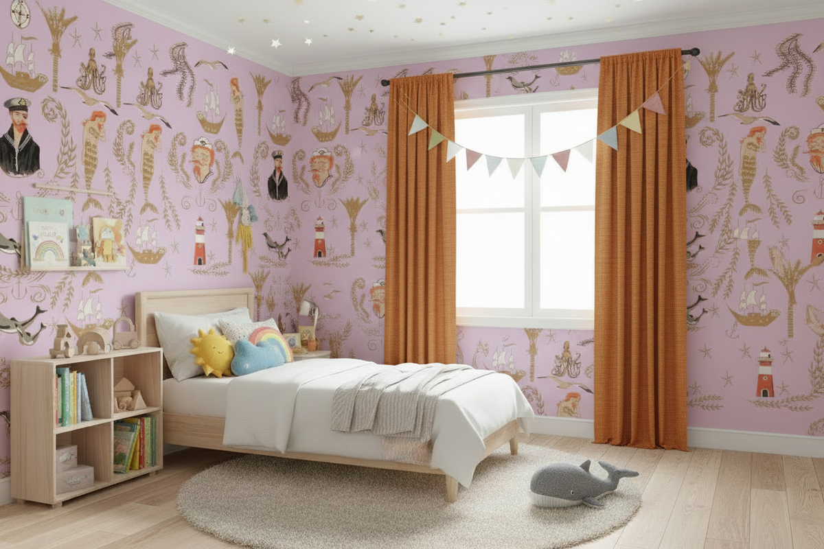 Mermaid  Shipwreck - Mauve - Custom Sized Wallpaper Mural (per m2)