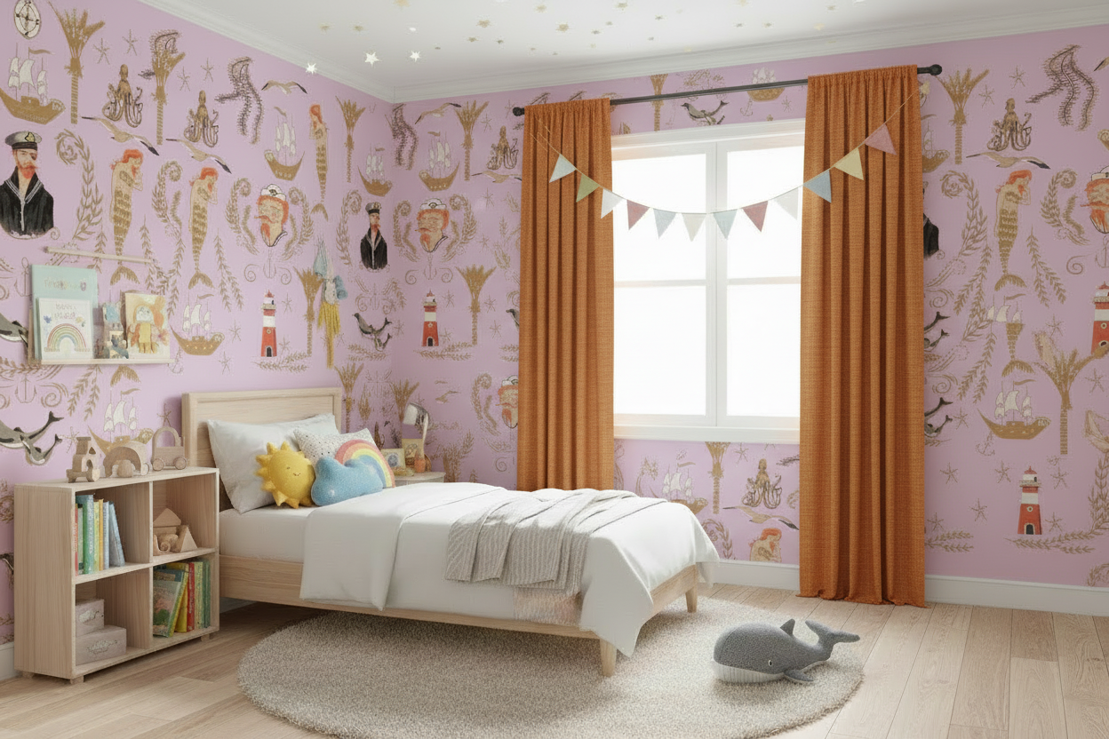 Bedroom with Burnt Orange Textured Curtains