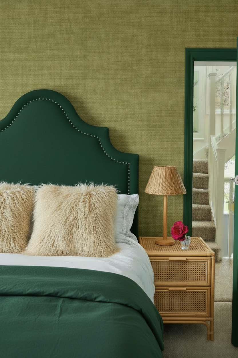Bedroom with dark green bedspread