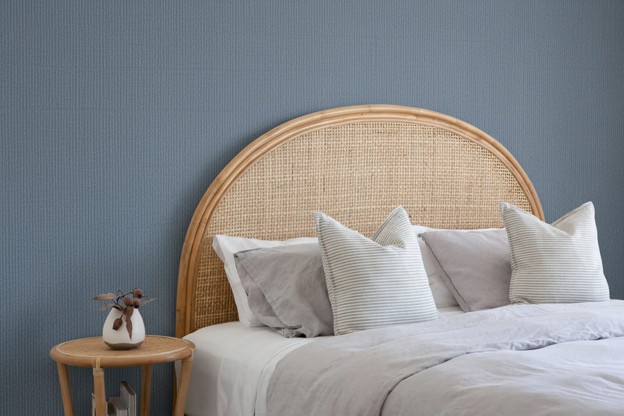 Bedroom with darker Anaglypta Steel Blue wallpaper