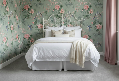 Bedroom with dusky pink cushions and curtain, Amelie Chinoiseries Sage wallpaper