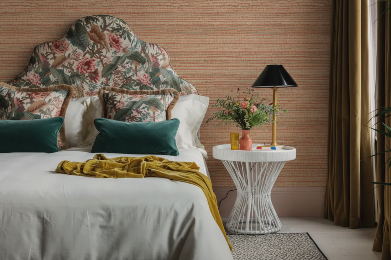 Bedroom with Genuine Grasscloth Wallpaper - Orange