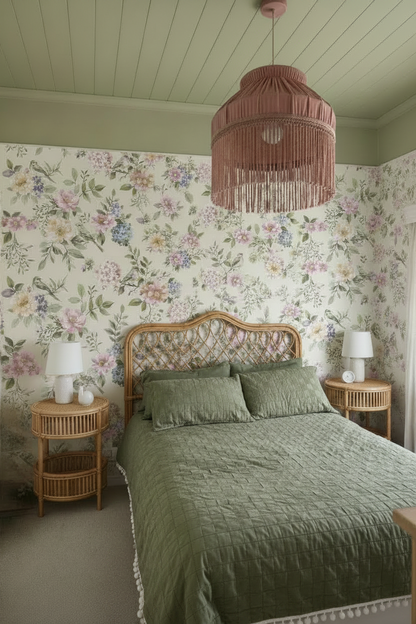 Bedroom with green velvet pompom duvet, no black rug or tri-pillow