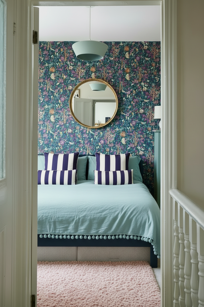 Bedroom with light pink rug