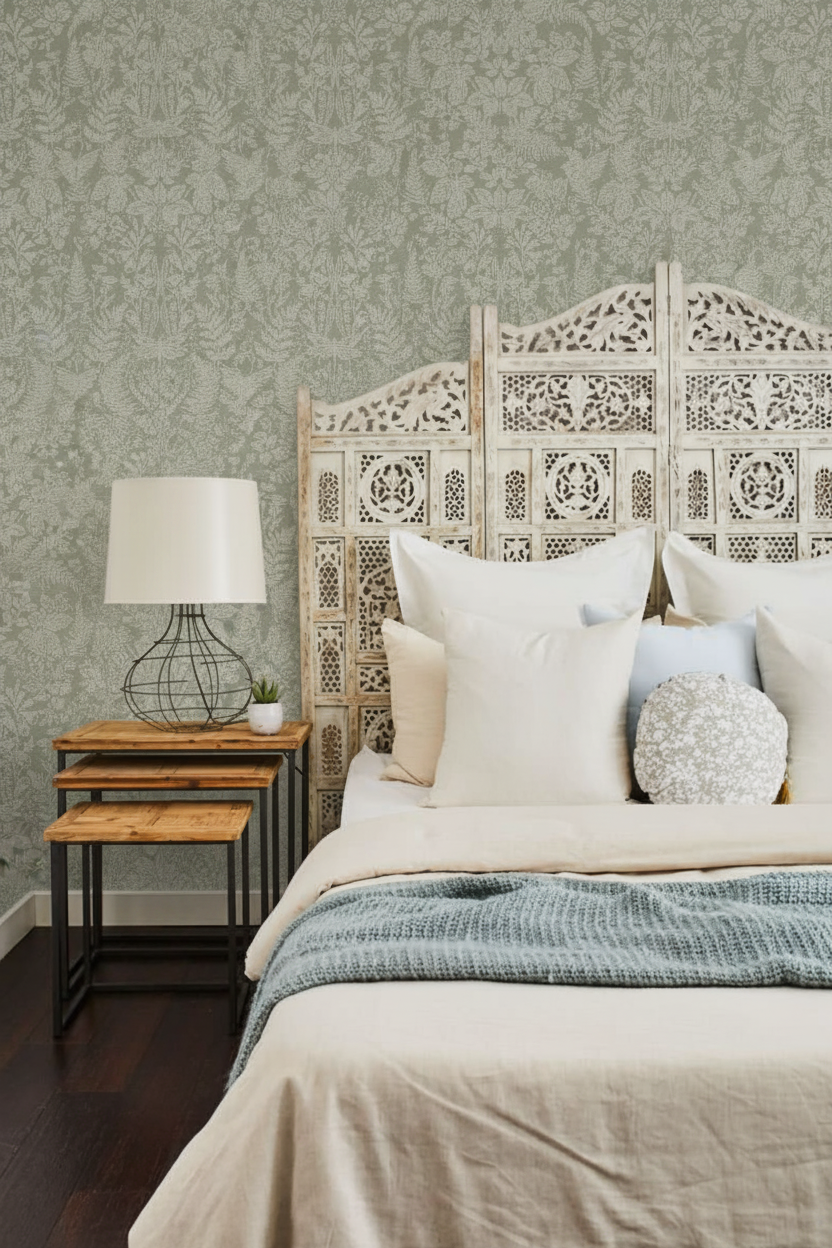 Bedroom with Loxley Sage Floral Tapestry Wallpaper