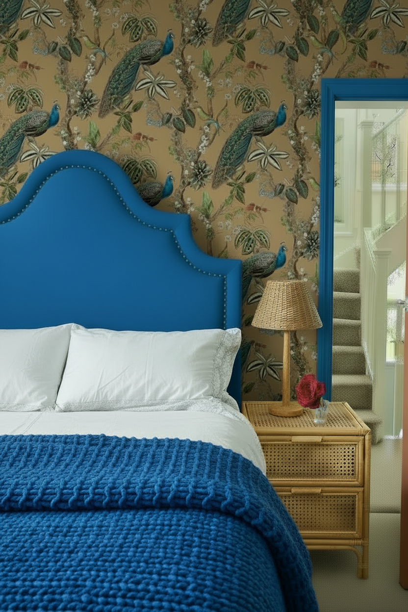 Bedroom with no cushions, chunky knit electric blue bedspread