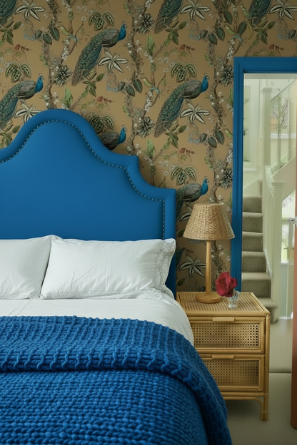 Bedroom with no cushions, chunky knit electric blue bedspread