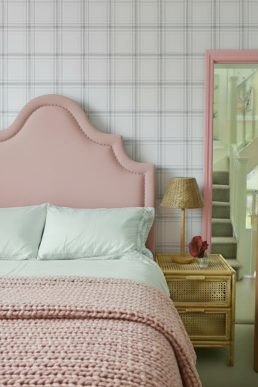 Bedroom with pink bedhead and door frame against charcoal check wallpaper
