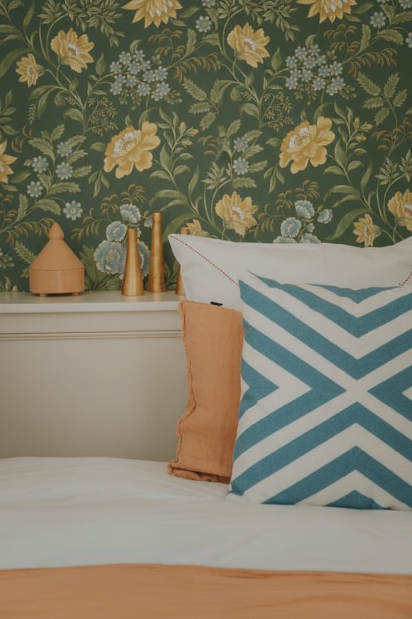 Bedroom with sky blue zigzag cushion and Garden Muse wallpaper