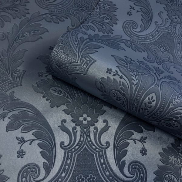 Sample - Amara Damask Wood Panel Wallpaper - Navy Blue