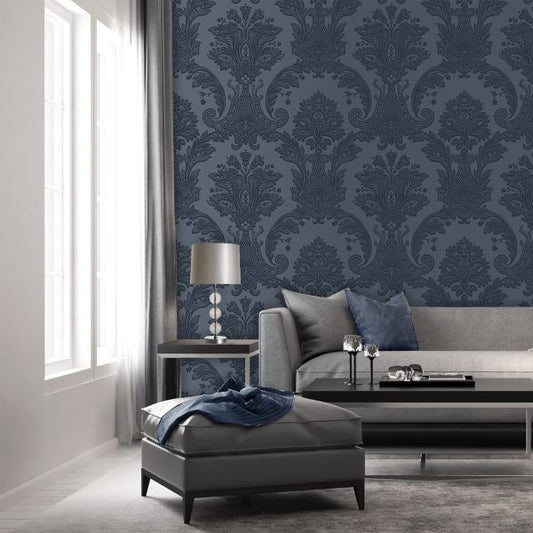 Amara Damask Wood Panel Wallpaper - Navy Blue