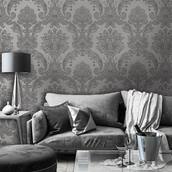 Amara Damask Wood Panel Wallpaper - Gunmetal