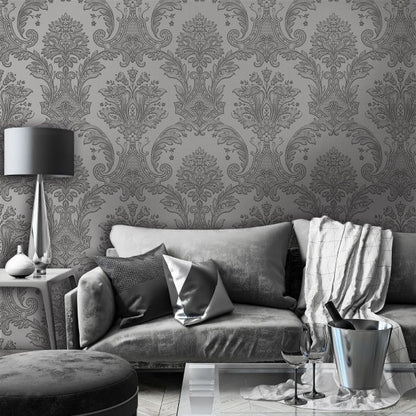Amara Damask Wood Panel Wallpaper - Gunmetal
