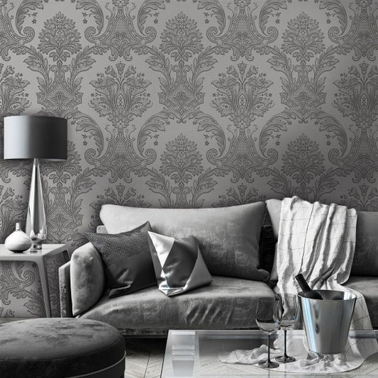Amara Damask Wood Panel Wallpaper - Gunmetal