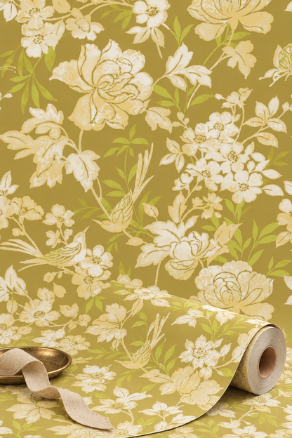 Blooms and Birds Wallpaper – Gold