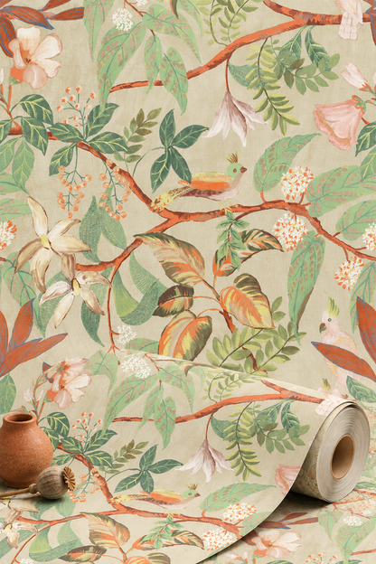 Birds Sing and Flowers Bloom Wallpaper - Beige Gold