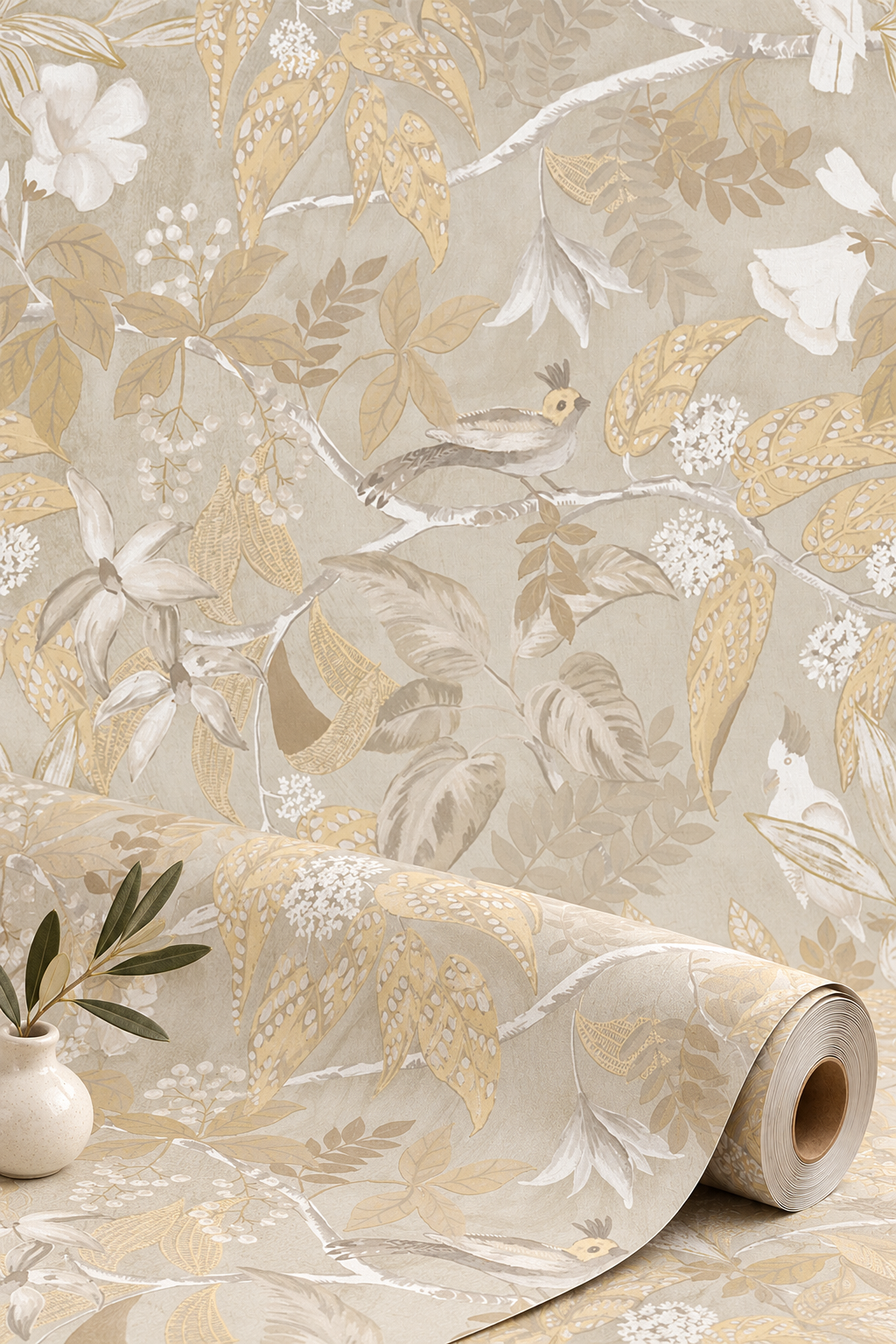 Birds Sing and Flowers Bloom Wallpaper - Cream Beige Shimmer