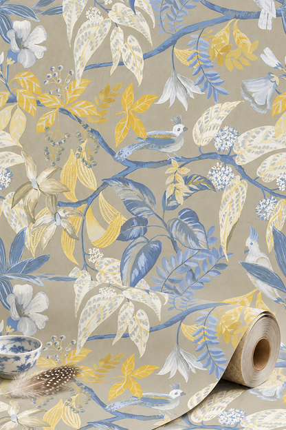 Birds Sing and Flowers Bloom Wallpaper - Beige Blue Shimmer
