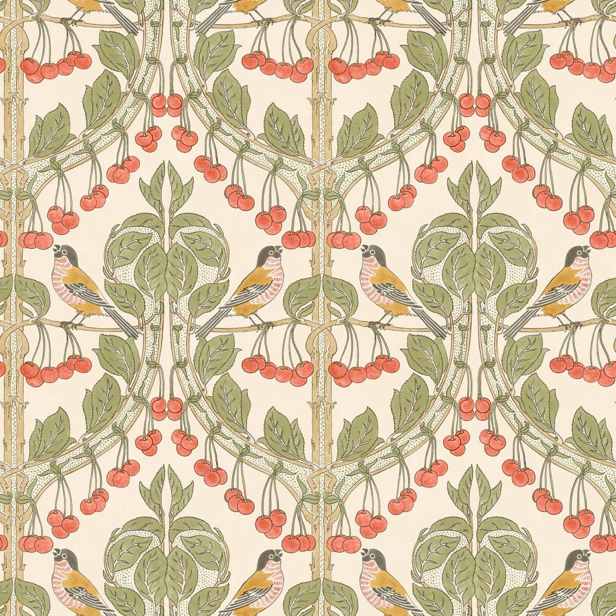 Bird & Cherries Wallpaper - Red Green