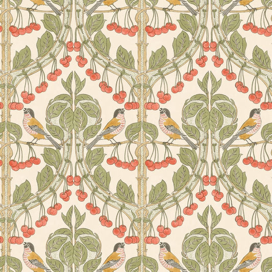 Bird & Cherries Wallpaper - Red Green