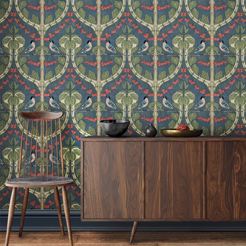 Birds & Cherries Wallpaper - Indigo