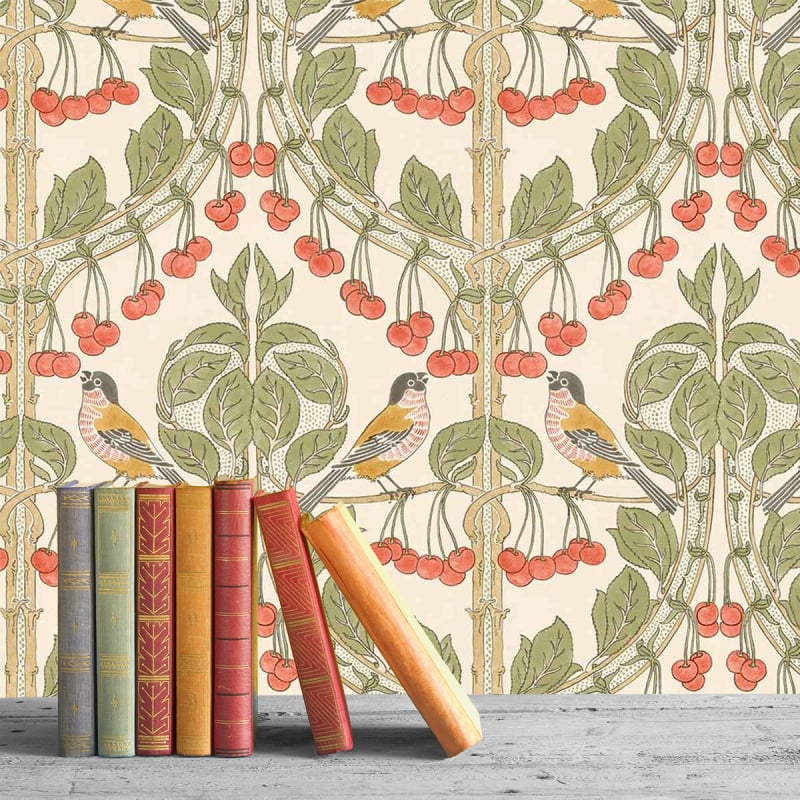 Bird & Cherries Wallpaper - Red Green