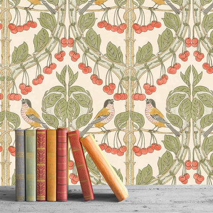 Bird & Cherries Wallpaper - Red Green