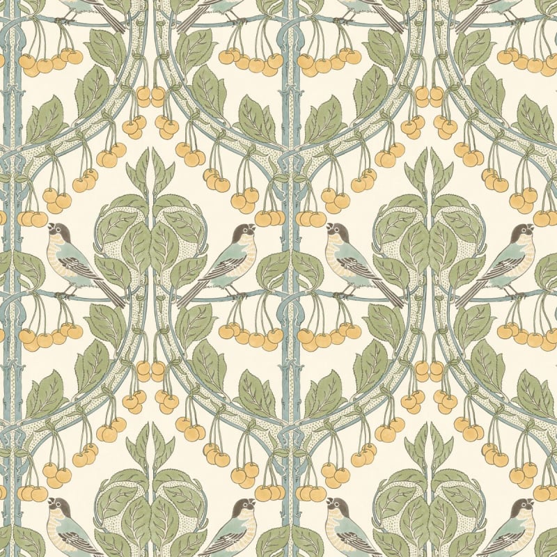 Birds & Cherries Wallpaper - Aqua Green