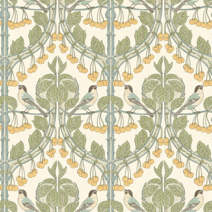 Birds & Cherries Wallpaper - Aqua Green