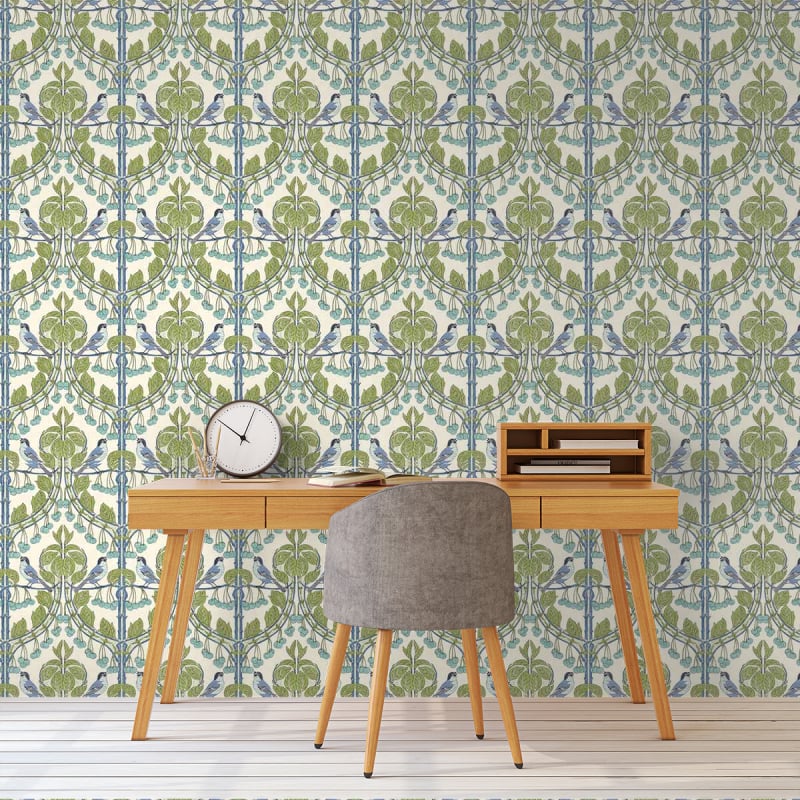 Bird & Cherries Wallpaper - Blue Green