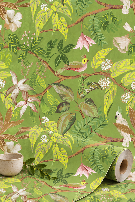 Birds Sing and Flowers Bloom Wallpaper – Grass Green