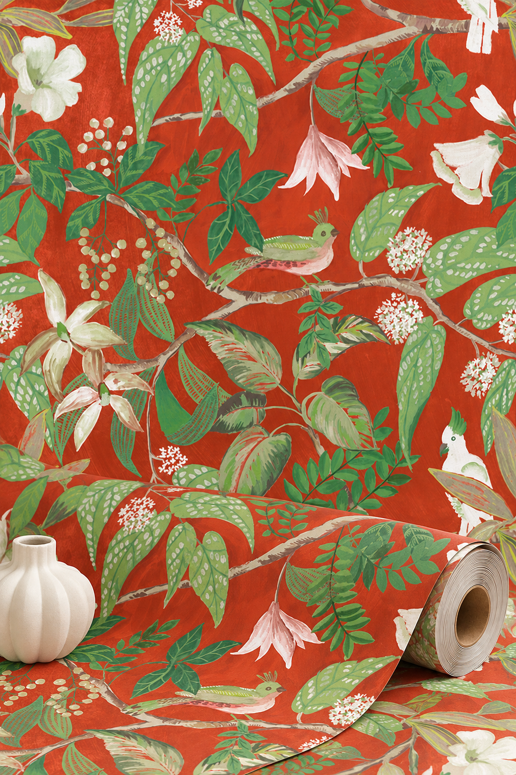 Birds Sing and Flowers Bloom Wallpaper - Burgundy