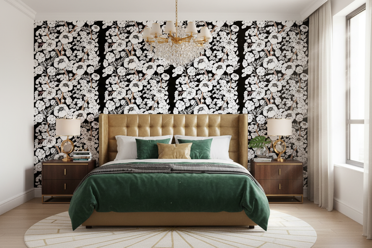 Black Rainbow Wallpaper Bedroom with Gold Chandelier