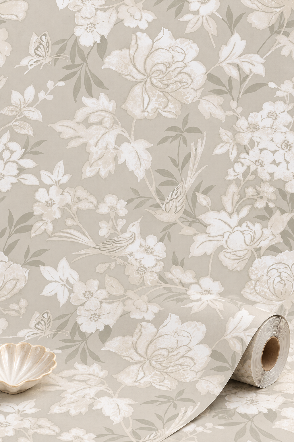 Blooms and Birds Wallpaper - Ecru Shimmer