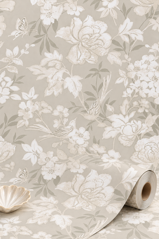 Blooms and Birds Wallpaper - Ecru Shimmer