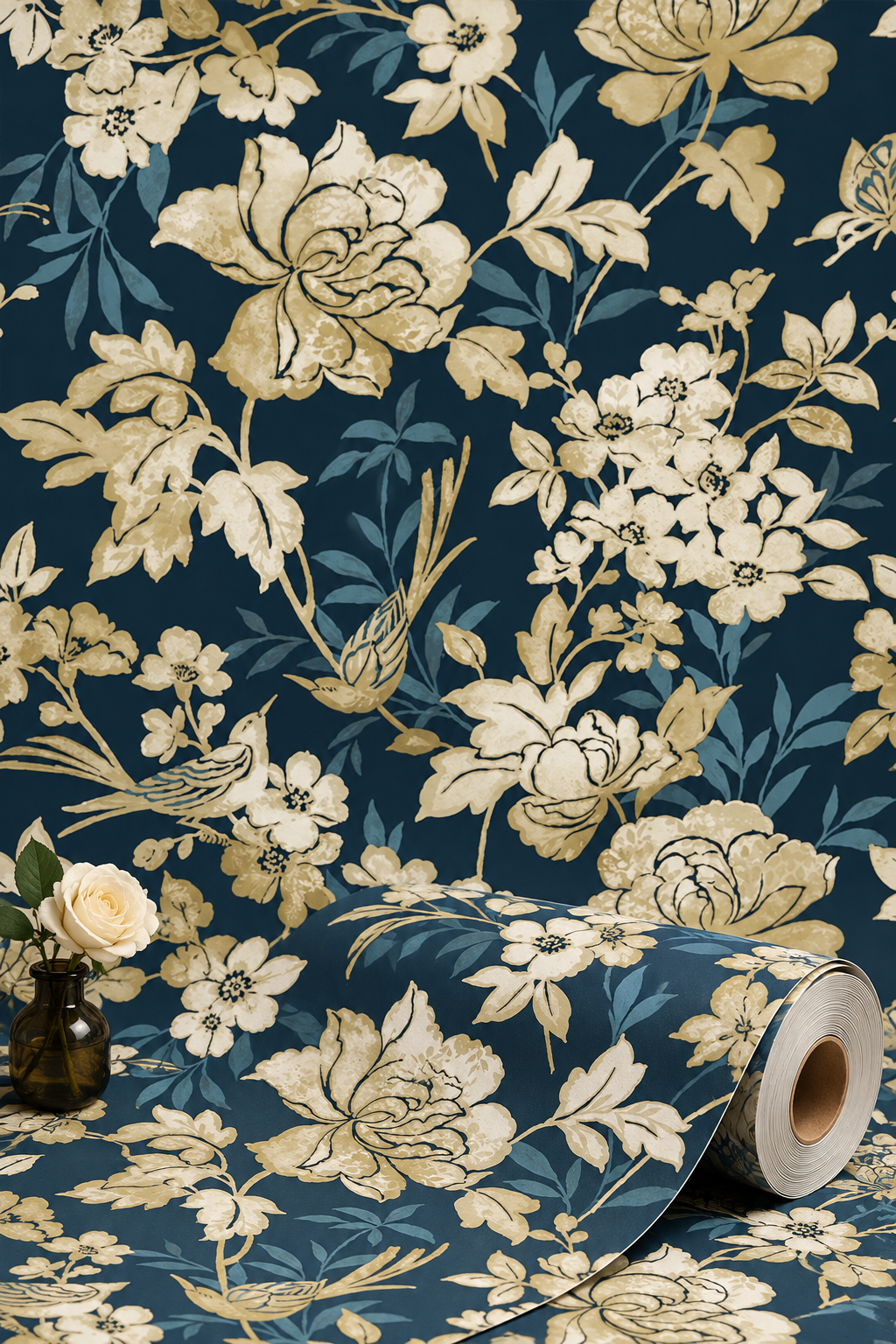 Blooms and Birds Wallpaper - Navy with Gold Shimmer