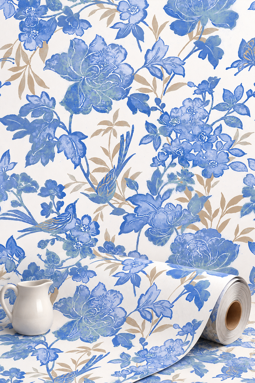 Blooms and Birds Wallpaper - Blue with White Shimmer