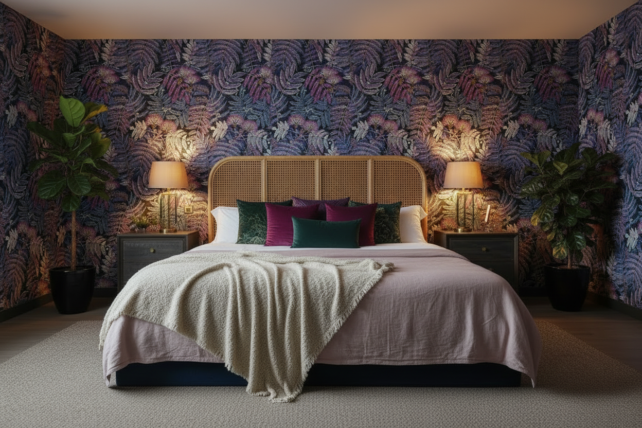 Botanica Albizia Dark Purple Bedroom - Light Pink Bedspread