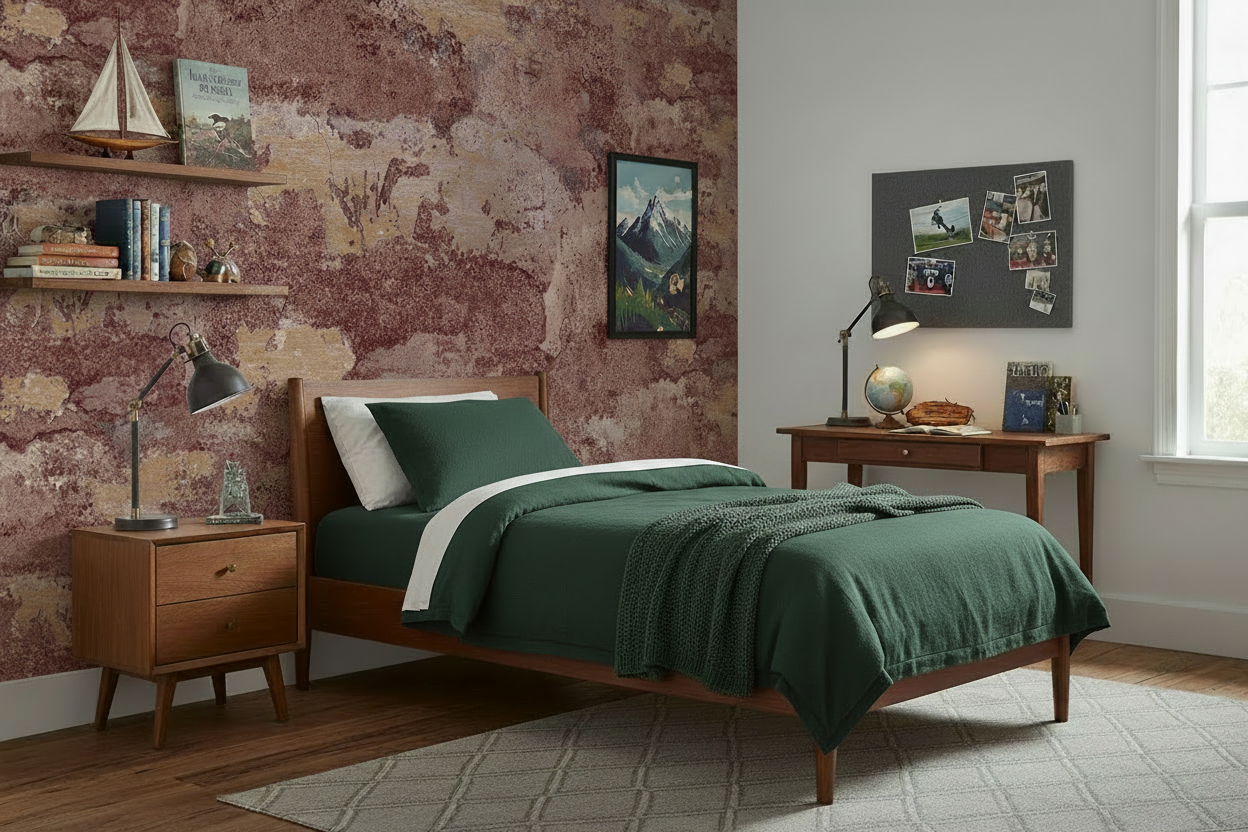 Boys bedroom - green bedspread with Elgon Burgundy wallpaper