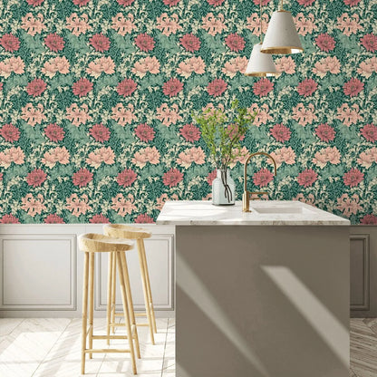 Chrysanthemum - Eden by Morris Wallpaper - Green/Pink