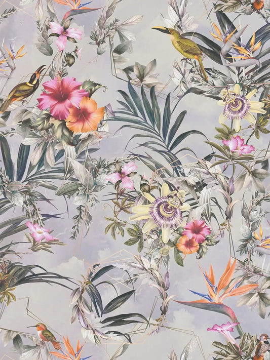Hibiscus Haven – Crane & Bloom Wallpaper – Mist Blue