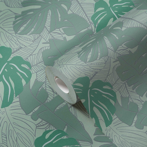 Sample - Metallic Monstera Fronds Wallpaper - House of Turnowsky - Green