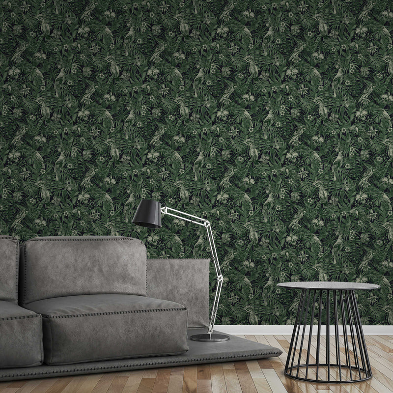 Jungle Parrots Wallpaper - Green + Black