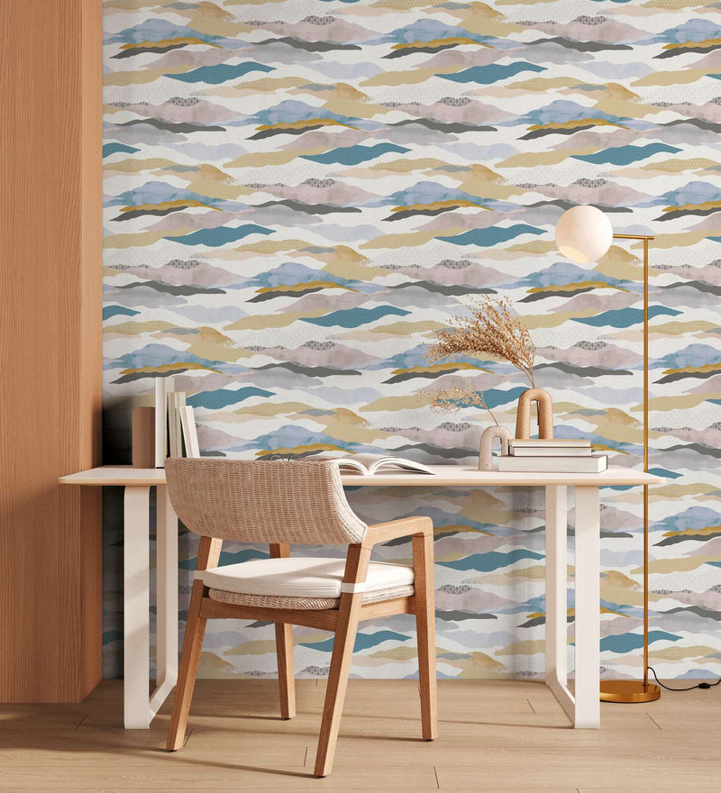Graphic Wave and Palm Wallpaper - Blue/Pink/Beige