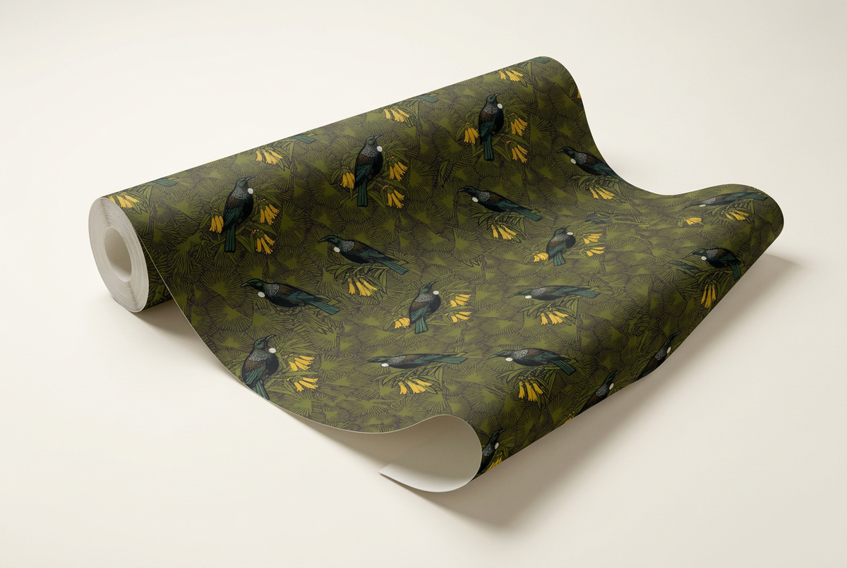 Cabbage Tui Khaki Yellow wallpaper roll shot