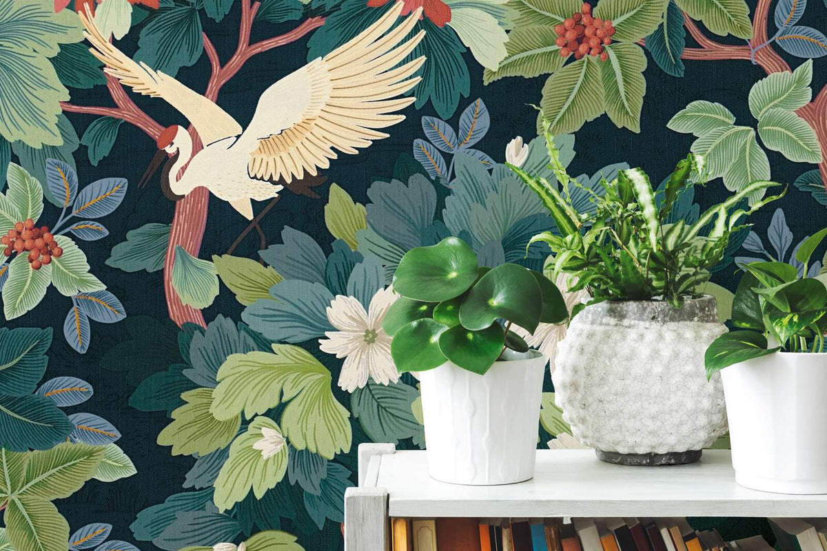 Tsuru Crane Garden Vinyl Wallpaper – Midnight