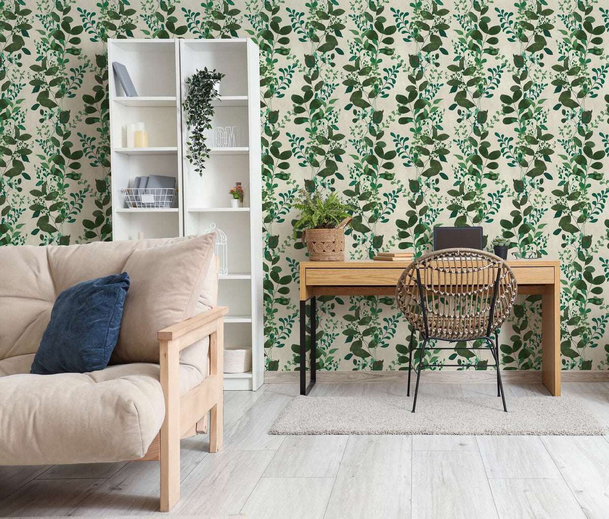 Verdant Leaf Sprig Vinyl Wallpaper – Cream/Green