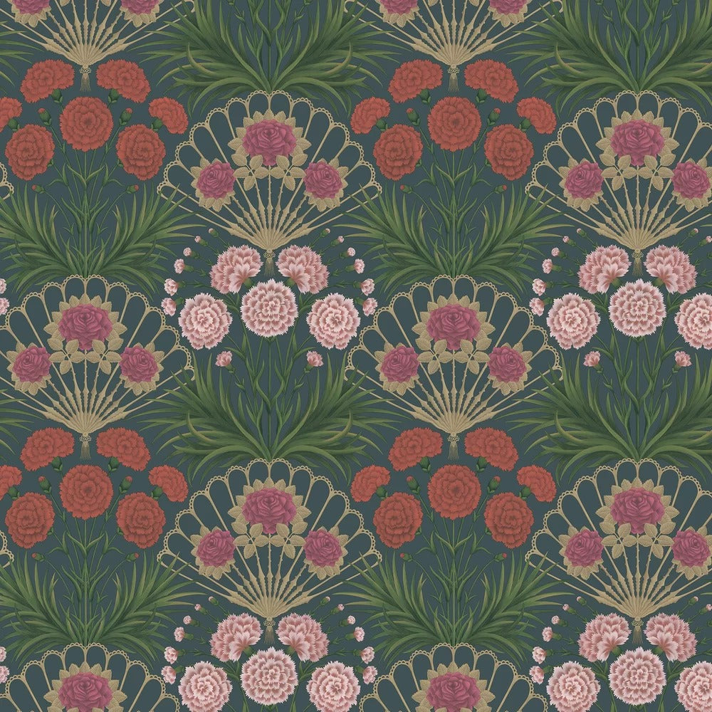 Flamenco Fan Wallpaper - Magenta Red & Gilver on Ink