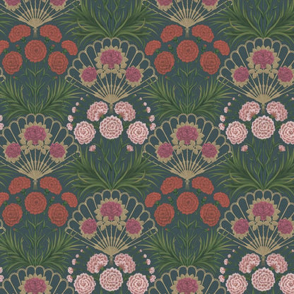 Flamenco Fan Wallpaper - Magenta Red & Gilver on Ink