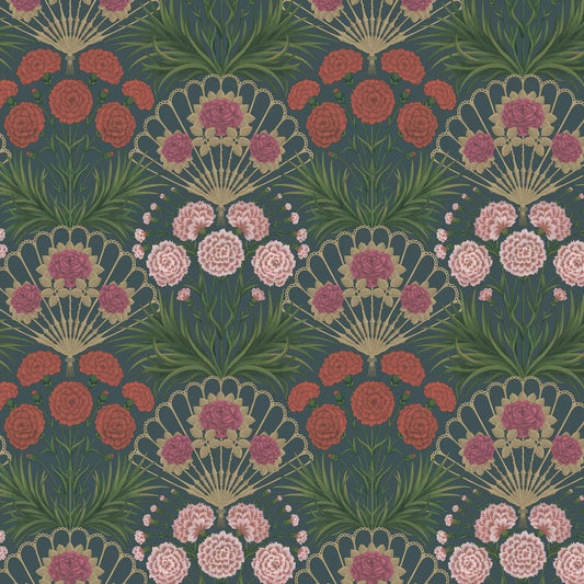 Flamenco Fan Wallpaper - Magenta Red & Gilver on Ink